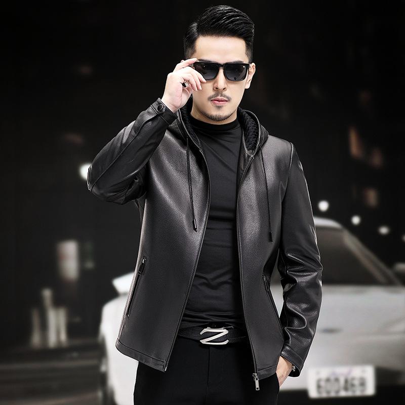 Autumn and winter new men's genuine leather jacket men's hooded sheepskin jacket business casual men's embossed technology