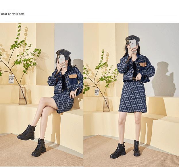 Women's British-Style Genuine Leather Martin Boots, Autumn/Winter 2025: Short, Round Toe, Chunky Heel, Lace-up with Side Zipper.