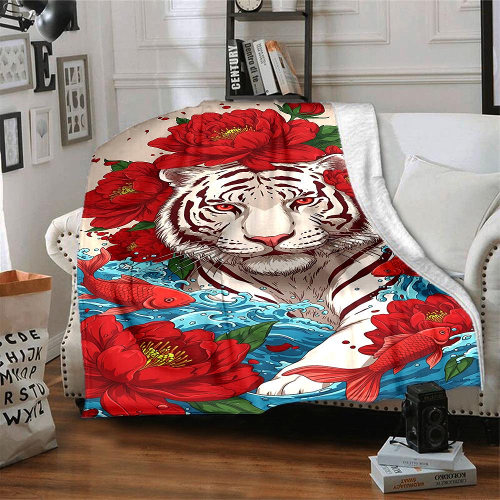 1pc Tiger Red Flowers Soft & Warm Polyester Knit Blanket, Digital Printed, All-Season Throw for Napping, Traveling, Sofa Yy250906001