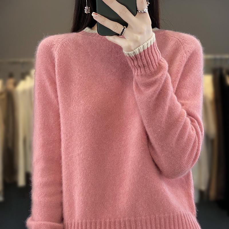 Damen Colorblock Rundhals Schlankmachender Wollstrick Pullover & Basisschicht