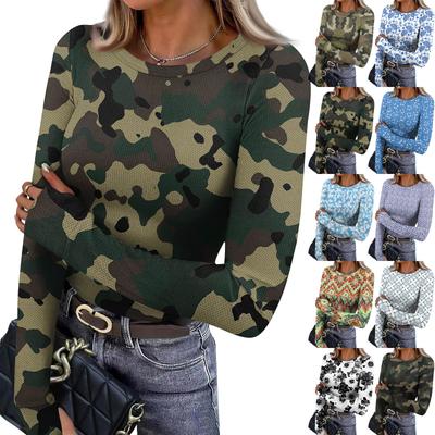 Women's  And Winter Slim Bottom T-shirt Fashion Casual Gradient Printing Round Neck Pullover Long Sleeve Top