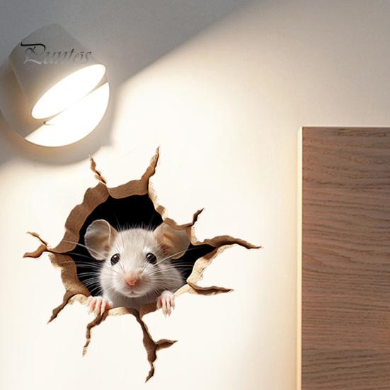 Removable Glass Window Clings Peeking Mouse Wall Sticker, 3D Broken Hole Effect Decals, Funny Waterproof PVC Decals Stickers, Art for Bedroom