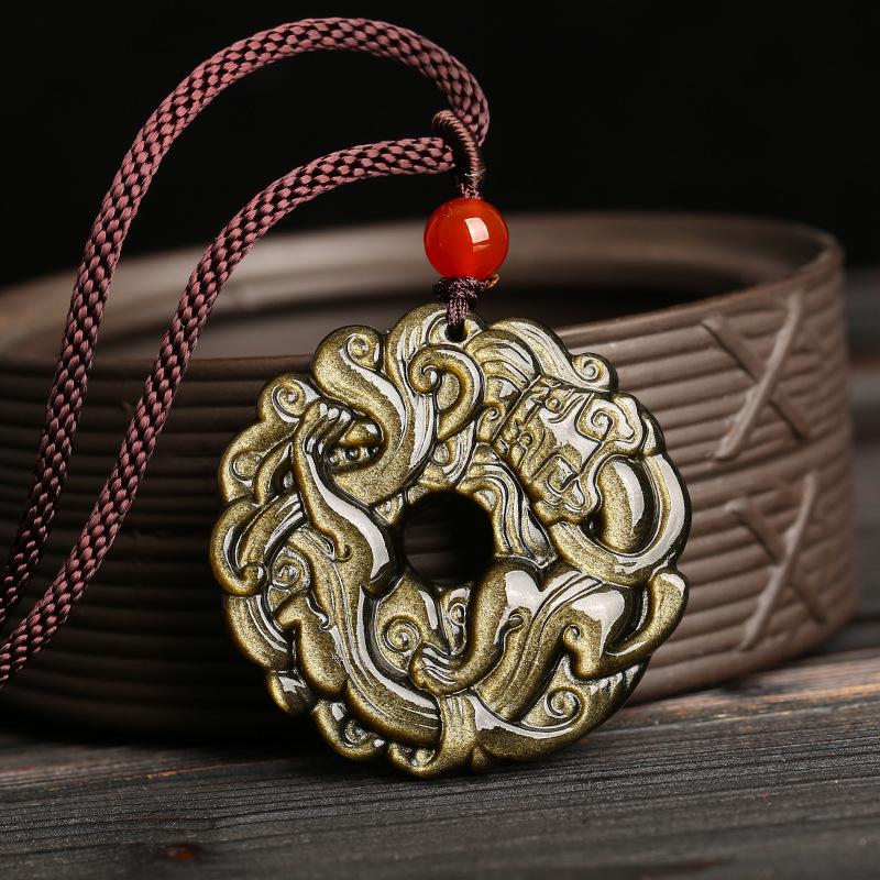 Natural Obsidian Double Pixiu Safety Buckle Pendant - Golden Obsidian Crystal Charm