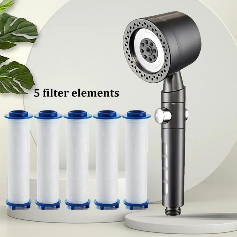 Soffione Doccia ad Alta Pressione a 5 Modalità Risparmio Idrico Filtro Portatile Manuale con Elementi Filtranti Arresto a un Pulsante Set di Accessori per Bagno