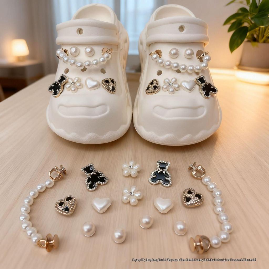 Coco Style Pearl Chain Shoe Decoration Set with Removable Flower Buckles