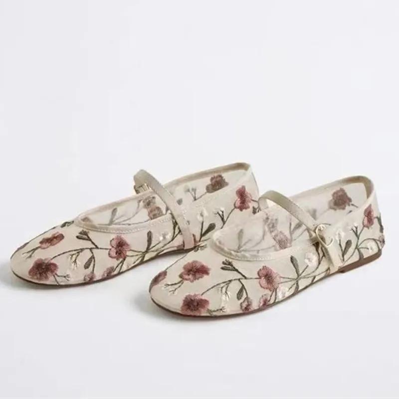 Mesh Embroidered Leisure Ballet Flats Women Breathable  Sandals Female Comfort Fashion Dress Shoes Ladies Mary Jane Shoes
