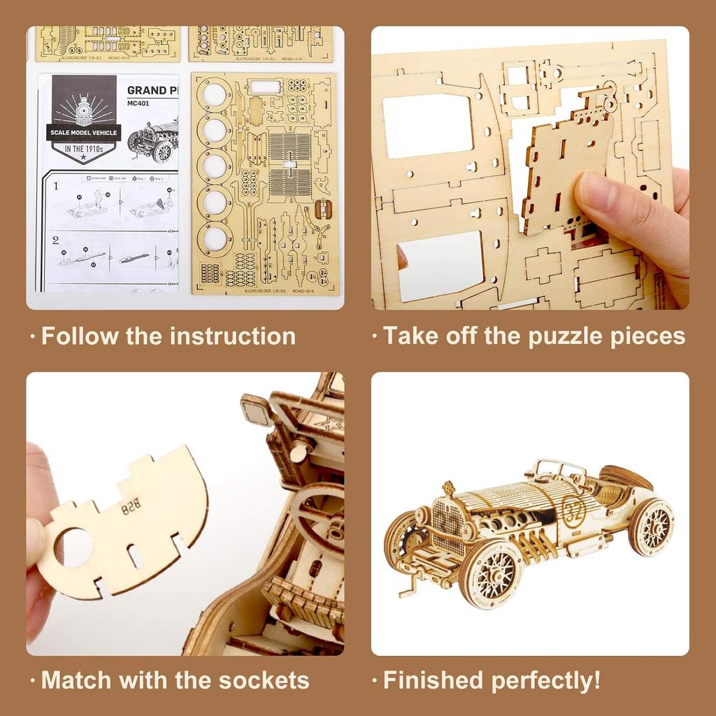 ROBOTIME Model Car Kits - Wooden 3D Puzzles - Model Cars to Build for Adults 1:16 Scale Model Grand Prix Car