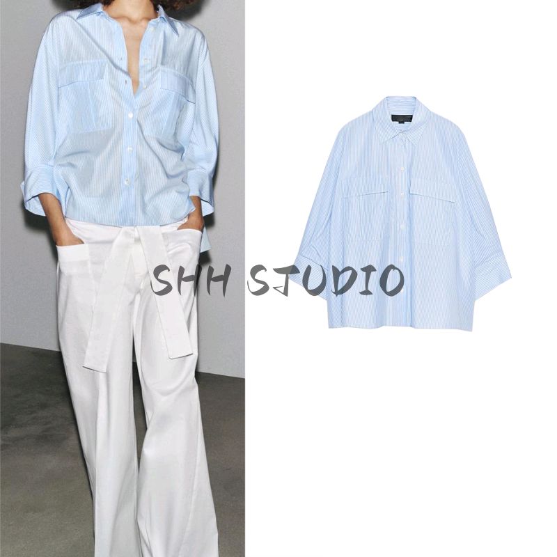 Summer New Product Women's Clothes Lyocell Blended Straight-leg Hem Stripes Lapel Long Sleeve Shirt 3304620