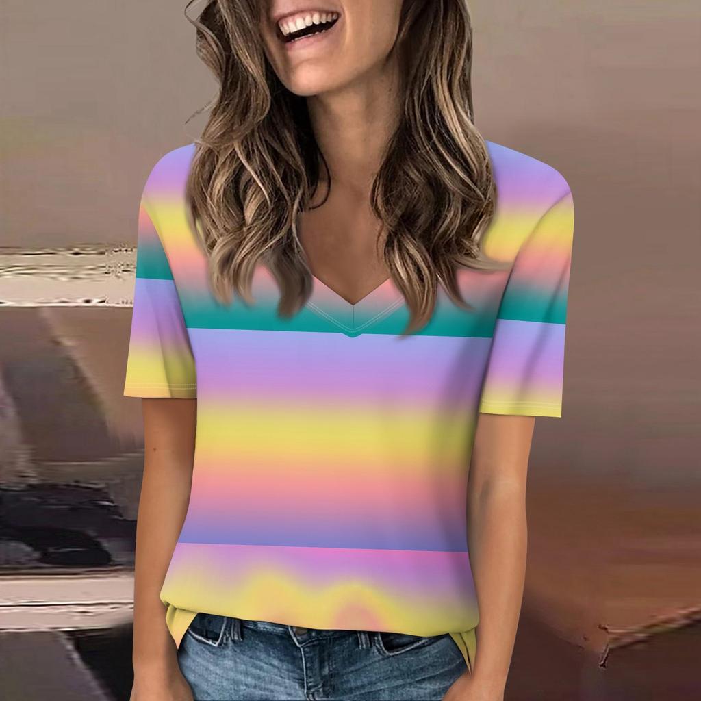 Women's Fashion V-neck T-shirt Short-sleeved Top Casual Printed T-shirt