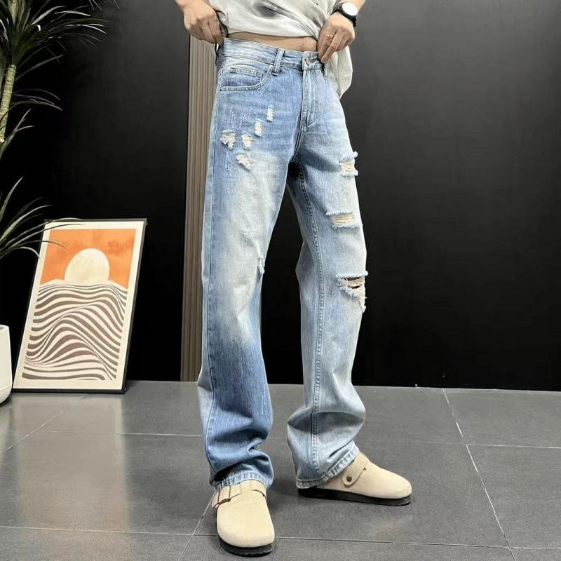 Spring and Summer American Ripped Scratched Retro Trend Fashion Washed Versatile Men's Narrow Straight Jeans Pants Tide