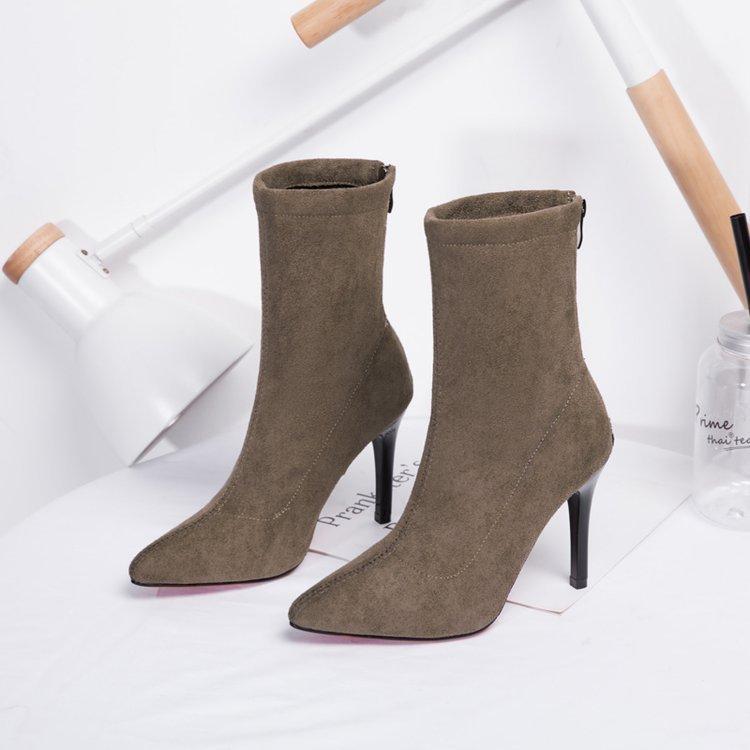 Rear Zipper Pointed Short Children's Thin Heels Autumn and Winter New Suede Thin Legs Medium Tube Large Size High Heel Elastic
