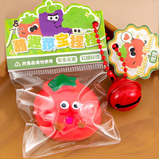 Cartoon Vegetable Squeeze Toy with Bell Ball Chain Stress Slow Rising Vegetable Sensory Fidget Toy Keychain Hanging