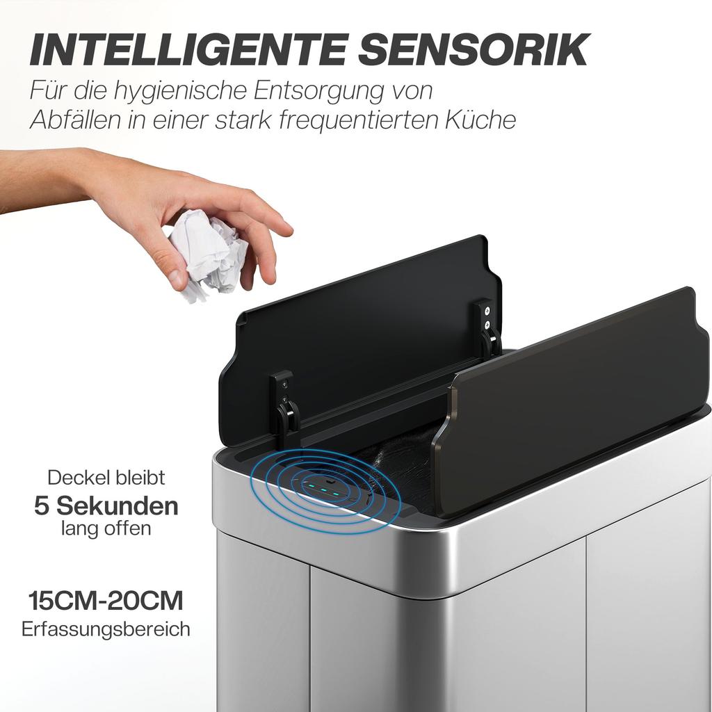 55L Sensor Bin, Large Automatic Touchless Rubbish Bin with Soft-Close Lid, Silver Tone