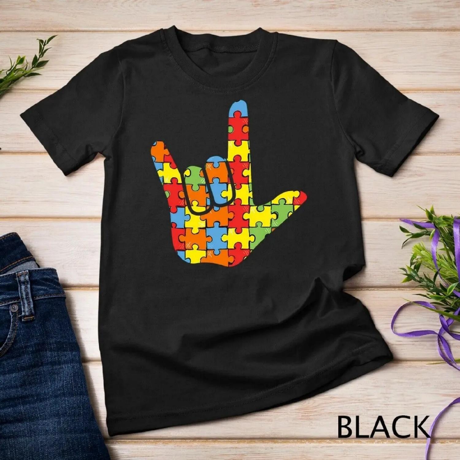 

Футболка с надписью ASL Love Sign Language Autism Awareness Support S разноцветный