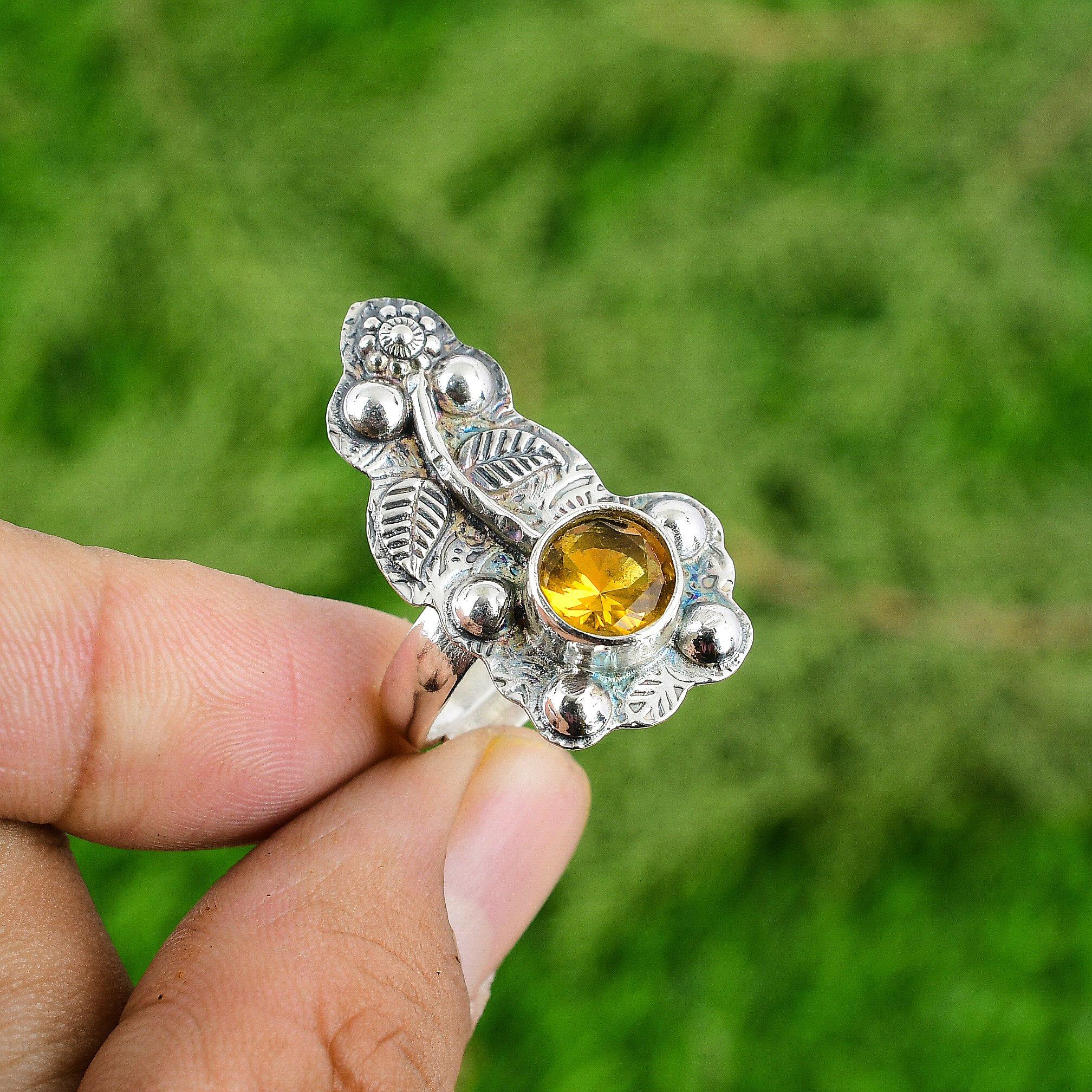 

Mothers day Sale Sterling Silver Round Citrine Stone Promise Flower Ring Jewelry Adjustable