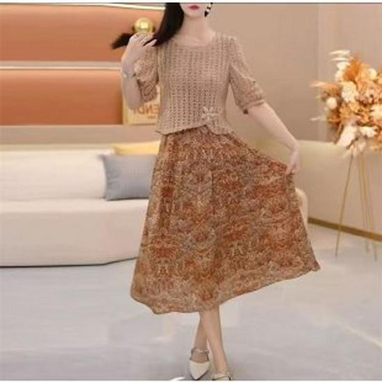 

2026 Elegant Floral Spring Dress: Two-Piece Look for Women - Age-Defying Style for Moms, Middle-Aged & Elderly XL хаки