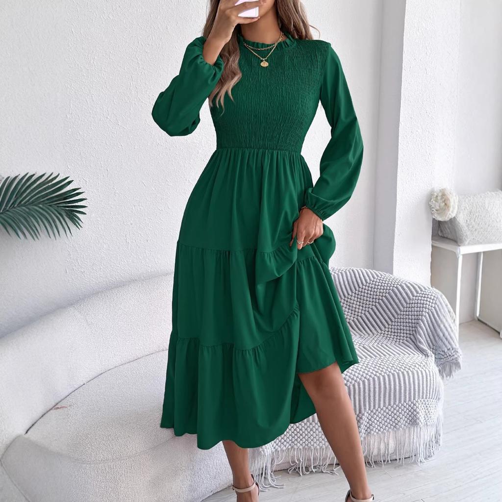 Spring Summer Women's Solid Color Long Sleeve Smocked Slim Fit Dress, Casual Fashion Women's Dress for Crossborder Outfit