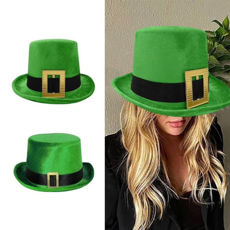 StPatrick Day Green Hat with Gold Buckle Roll Brims Tall Hat Irish National Day Celebration Party Hat Festival Accessory