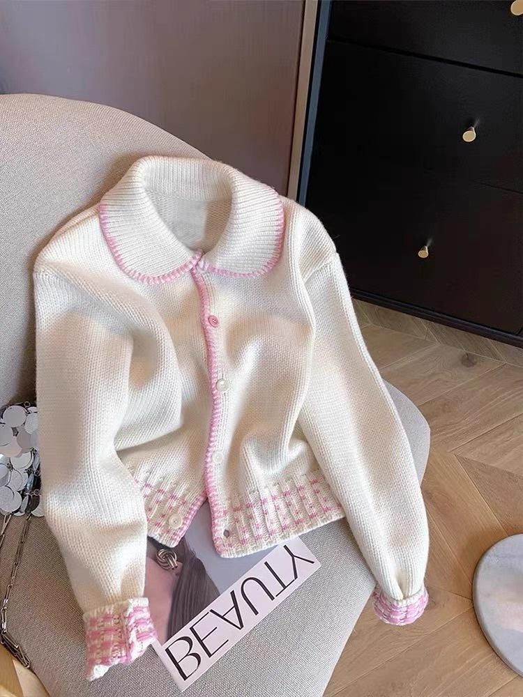 

Жіночий кардиган 2025 Осінь/Зима в стилі Color Block - З коміром Петеру Пан, однобортний в язаний светр у європейському та американському стилі. One Size рожевий/білий