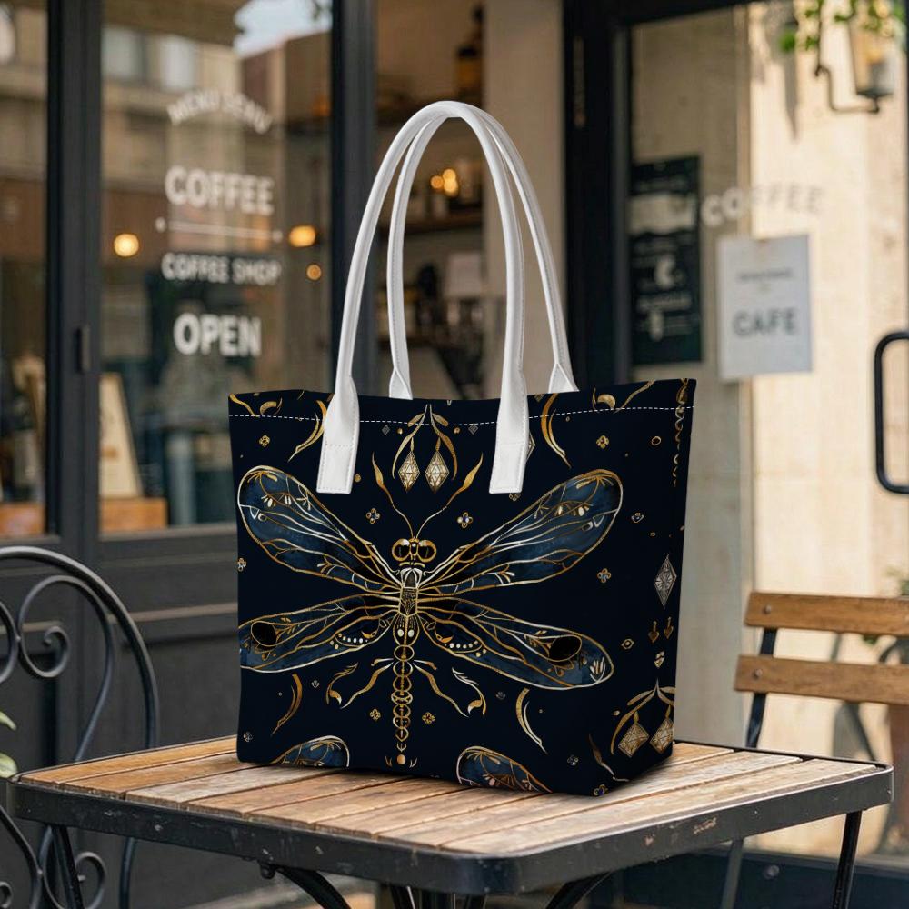 Vintage Dragonfly Print Casual Portable Shoulder Tote Bag for Daily Shopping