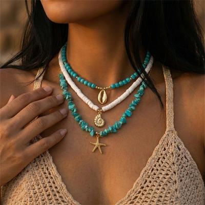Dopamine Starfish Heishi Beads Necklace for Women Colorful Irregular Stone Shell Conch Pendant Chain Beach Party Jewelry Gift