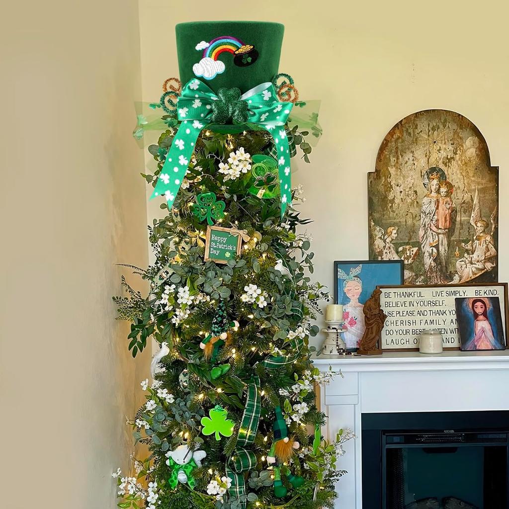 CiyvoLyeen St. Patrick Day Tree Topper Hat Large Green Velvet Hat Leprechaun Top Hat for Christmas Tree Decor Green Shamrock Bowknot Irish Home Decor