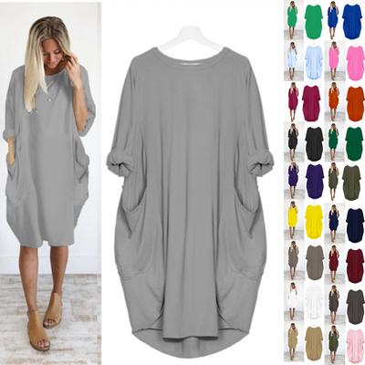 Women's Fashion Casual Loose Pocket Long Sleeve Solid Color Dresses
