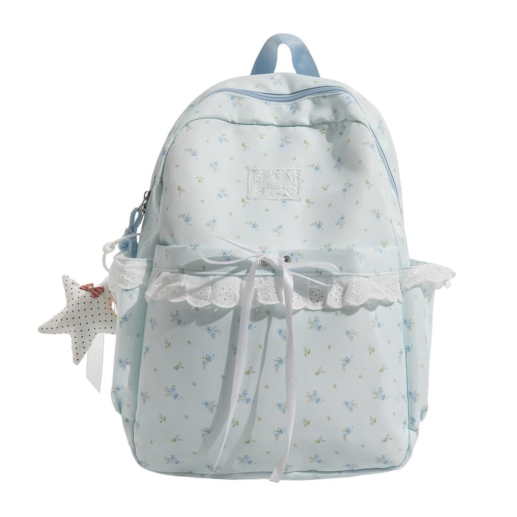 Schoolbag Milky White Floral Backpack Female Ins Niche Schoolbag Female Lace Backpack Junior High School Versatile Commuter Backpack