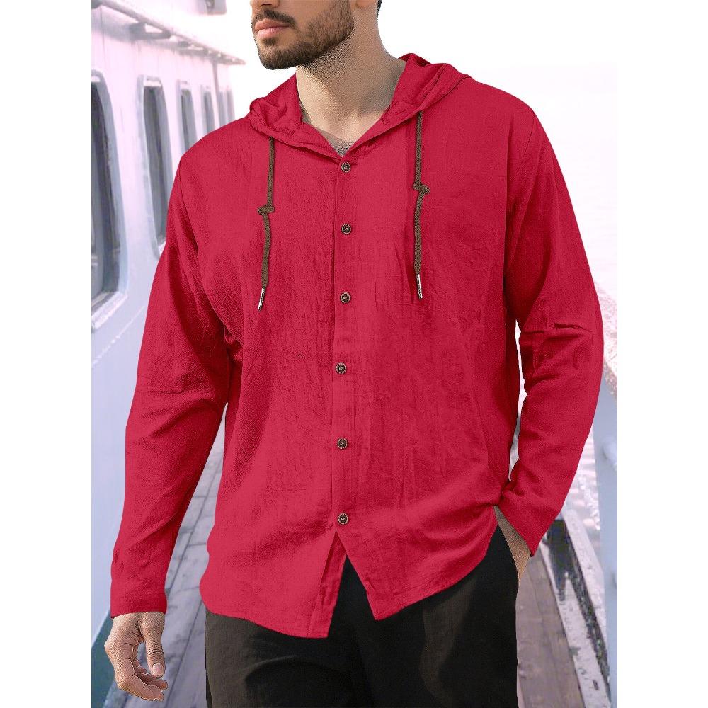 New Spring/Summer Men's Hooded T-Shirt Solid-Colour Cotton-Linen Blend Men's Casual Long-Sleeved Top