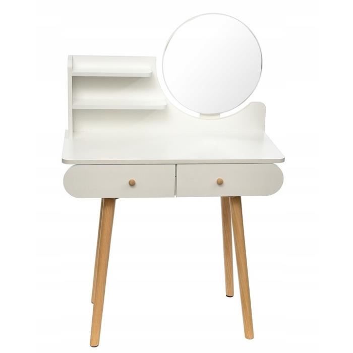Coiffeuse En Bois Blanc Avec Miroir Et Tiroirs - 122x80x40 Cm