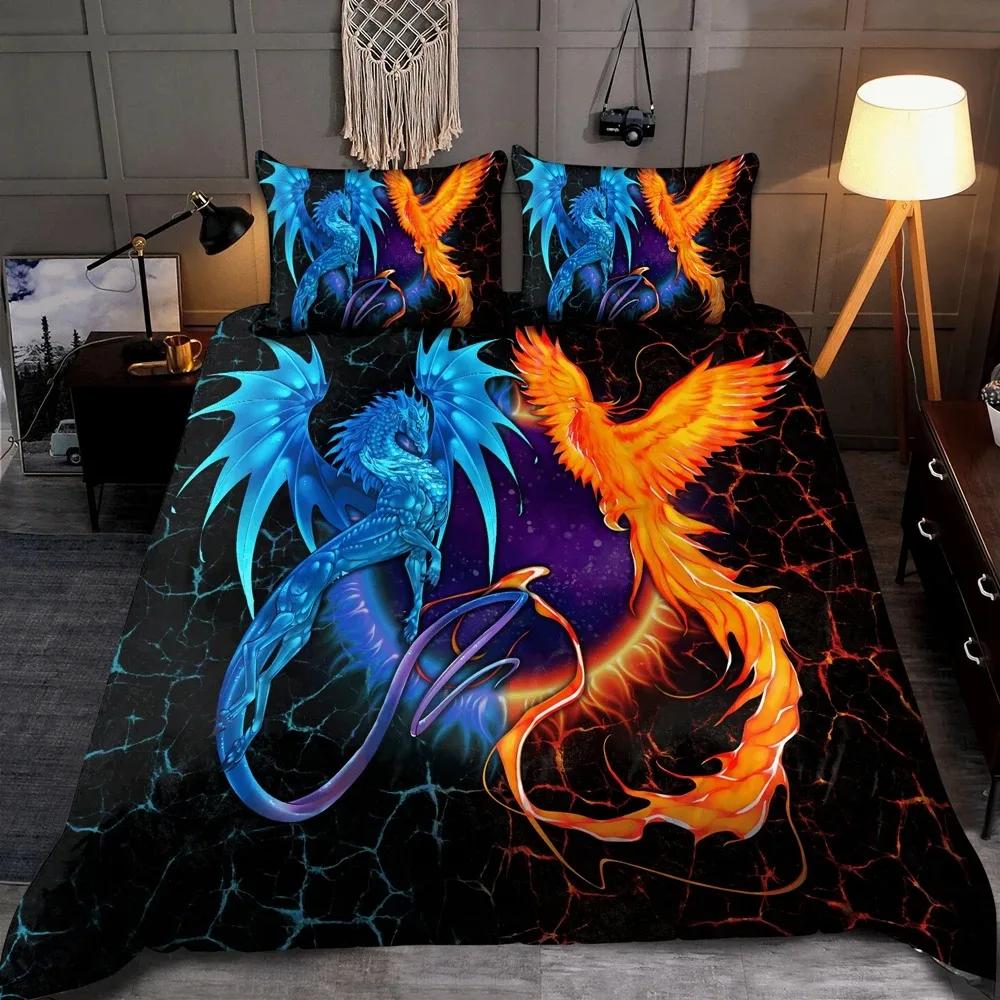 Dragon and Phoenix Duvet Cover Set Full Queen Size, Fantasy World Monster Gothic Bedding Sets Bohemian Mandala Comforter Cover