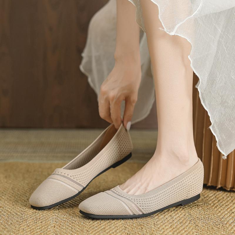 Flying Knitting Flat Bottom Hollow Breathable Soft Sole Single Shoes Women's Shoes Square Head Egg Roll Doudou Shoes Knitted Knitting
