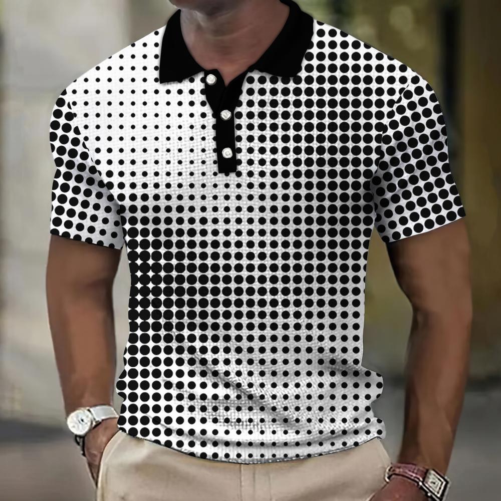 Men's 3D Plaid Print Casual Loose Short Sleeve Polo Shirt