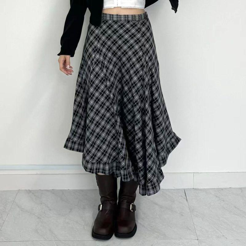 H's European and American Women's Clothing Street Retro Asymmetrical Plaid Skirt Niche Art Ruffles Skirt Mid-Length Skirt