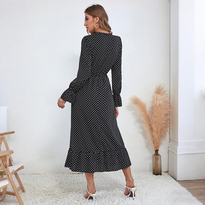 Tiktok 2025 Retro Polka Dot Long Sleeve Ruffle Dress