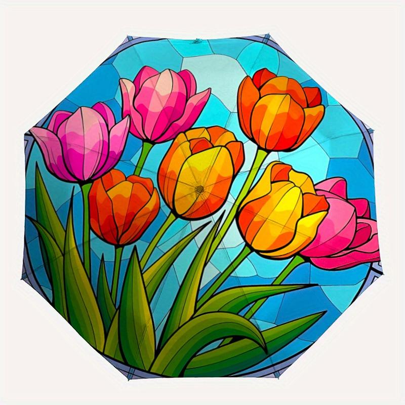 

1pc Tulip StainedGlass Automatic Folding Umbrella - Lightweight, Retractable Design with 8-Rib Durability, Perfect for Outdoor Adventures, F