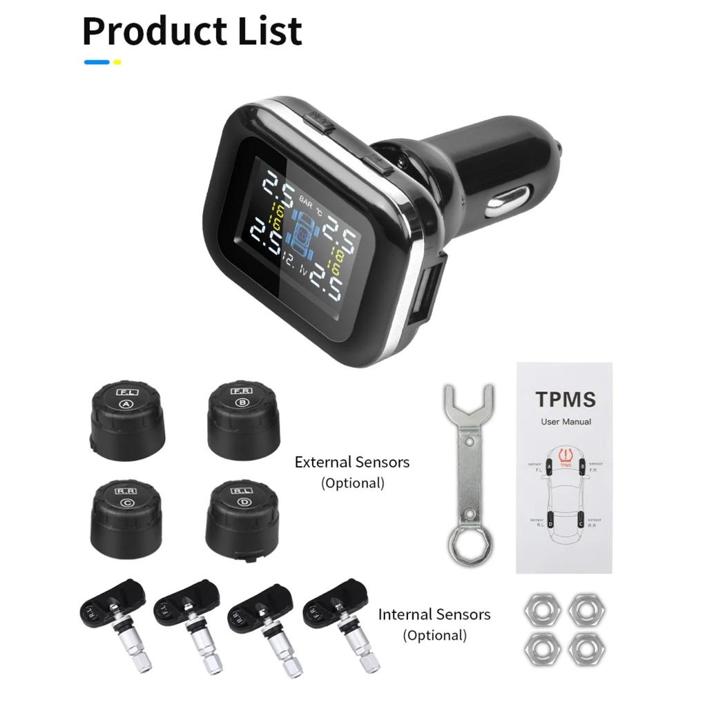 Auto TPMS Zapalovač cigaret Bezdrátový univerzální TPMS USB Digitální tpms Systém alarmu tlaku v pneumatikách 4 Externí interní senzor