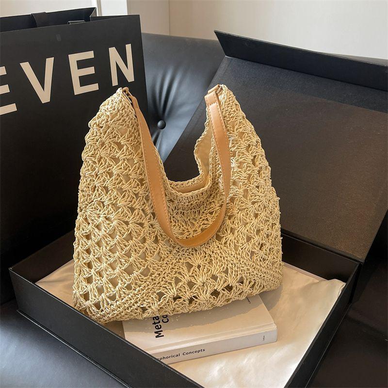 

Плетеная сумка большой вместимости женская 2025 лето новая приморский отдых пляжная соломенная сумка модная наплечная сумка-тоут Rice White