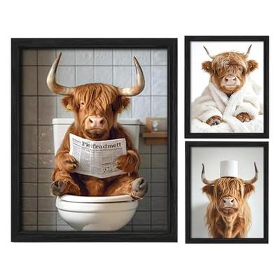 Tin Sign Scottish Highland Cow In Toilet Reading Newspaper Bathroom Humour, Funny Bathroom Toilet Whimsy Animal Sign