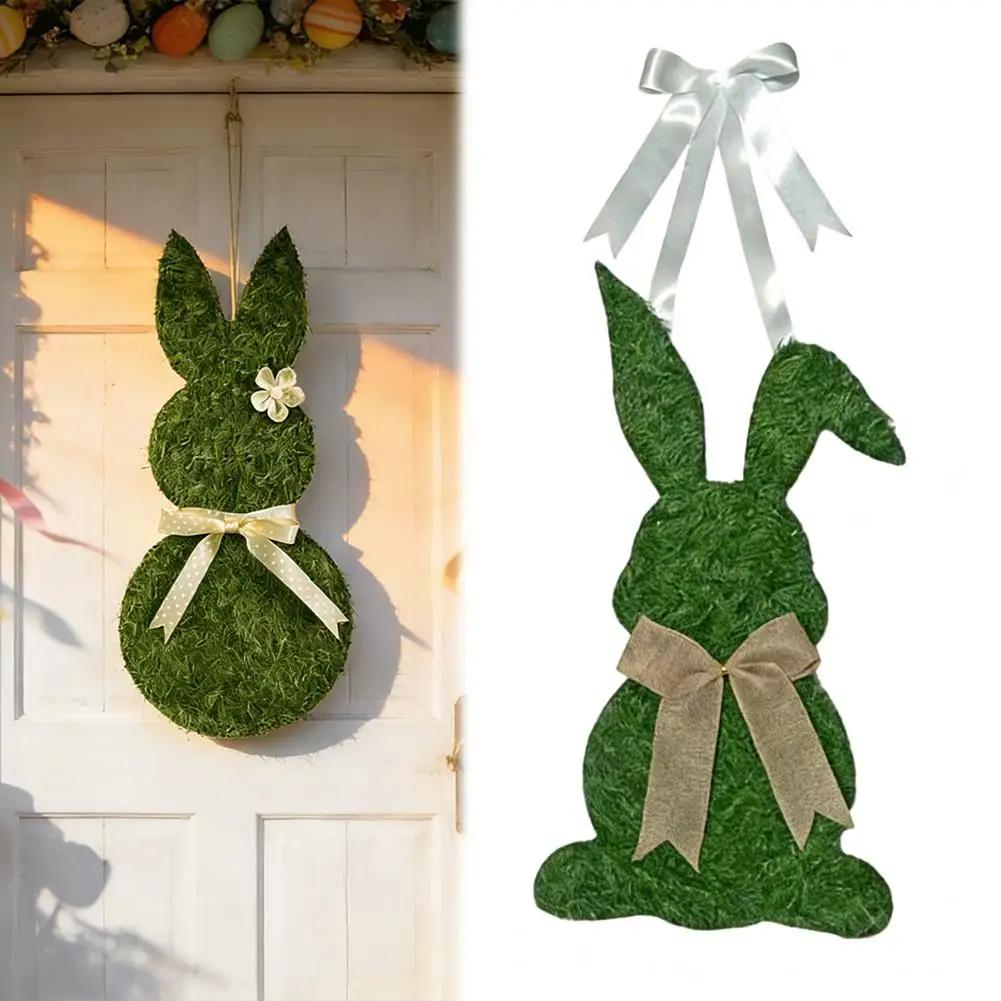 Easter Bunny Decoration Easter Bunny Door Sign Wooden Wreath with Hanging Welcome Bow Farmhouse Rabbit Decor Artificial D0W8
