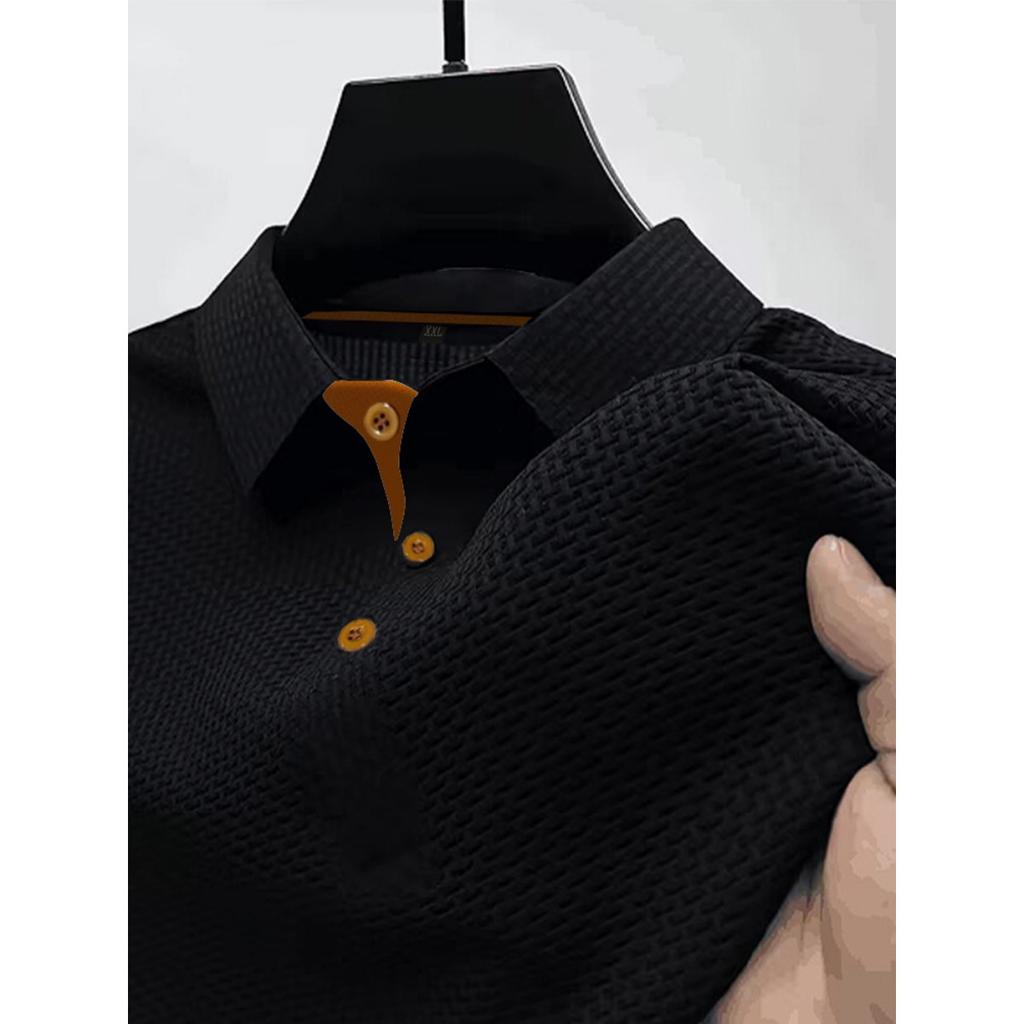 Men's Summer Ice Silk Fiber Short Sleeve T-shirt - Breathable Striped Casual Top with Classic Collar and Button Details