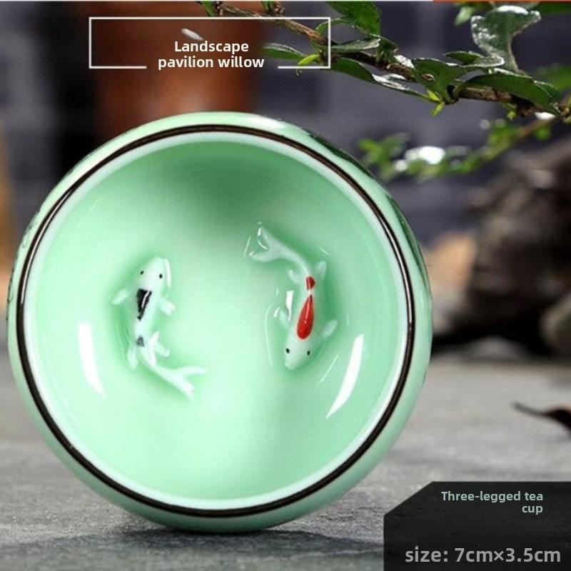 Celadon Tea Cup Set Hand Painted Lotus Bamboo Koi Fish Design 80ml Ceramic Chinese Gongfu Tea Ceremony Home Decor Gift
