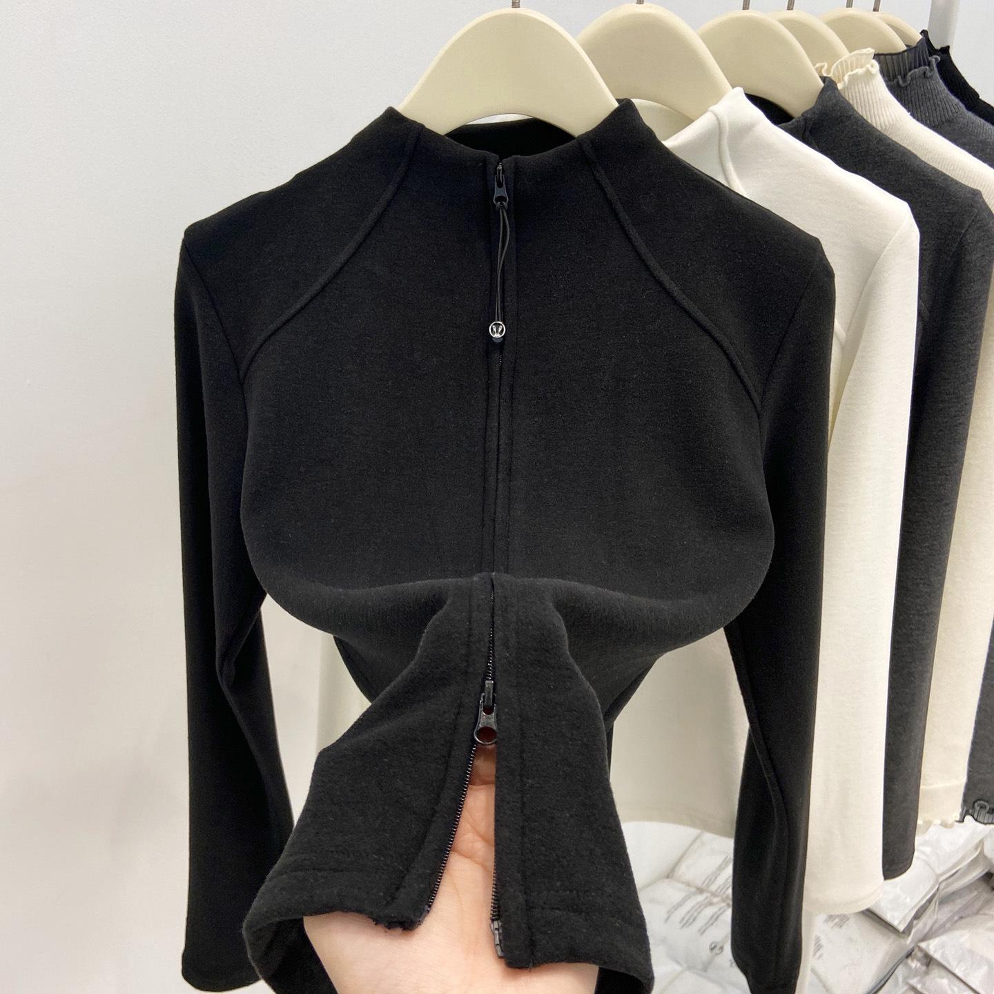 

Women s Slim-Fit Thermal Fleece Jacket - Half-High Collar, Double Zipper, Long Sleeve, Autumn/Winter Warm Top M чёрный