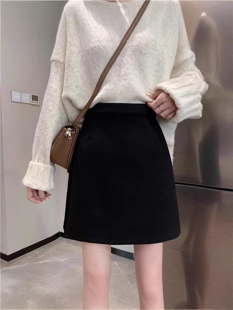 

2024 Women s Wool Blend A-Line Midi Skirt - Autumn/Winter Hip-Hugging Short Skirt L