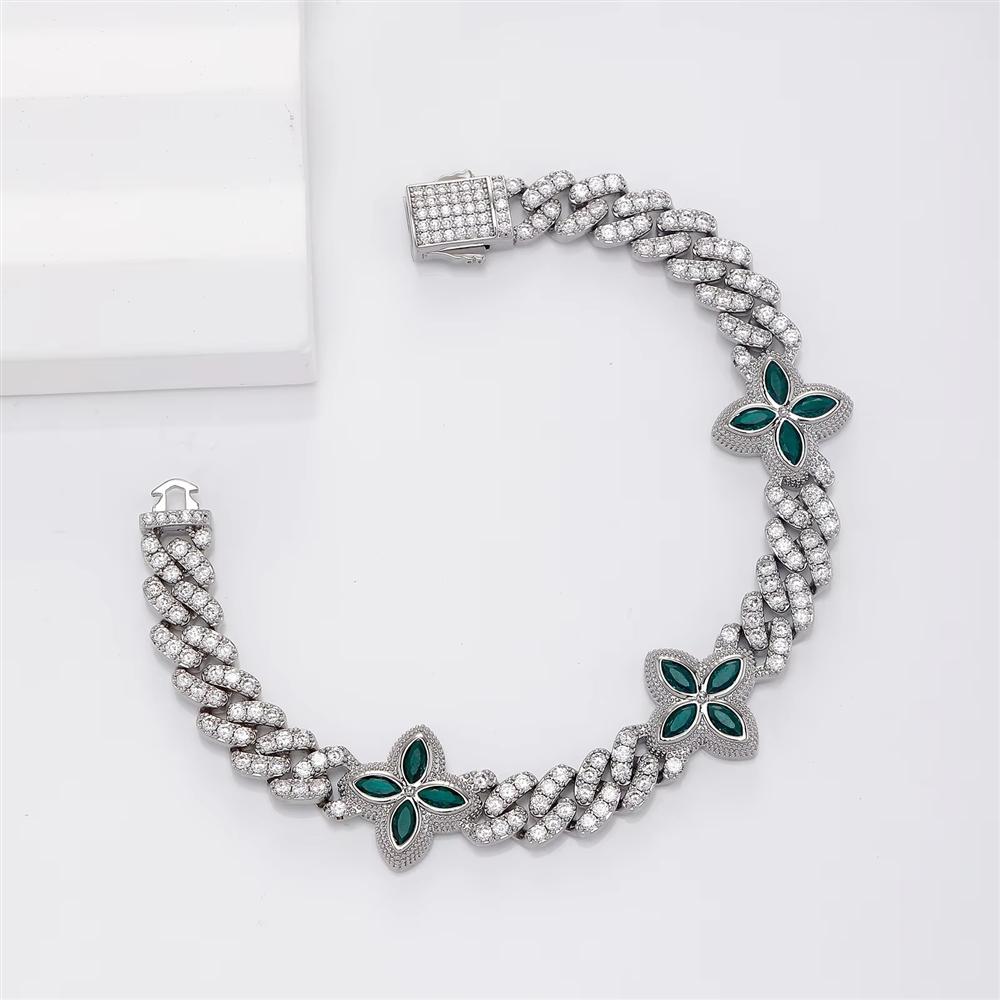Hot Selling Exquisite Hip Hop Jewelry Single Row CZ Iced Out 10mm Cuban Link Green Zircon Flower Four Leaf Clover Bracelet