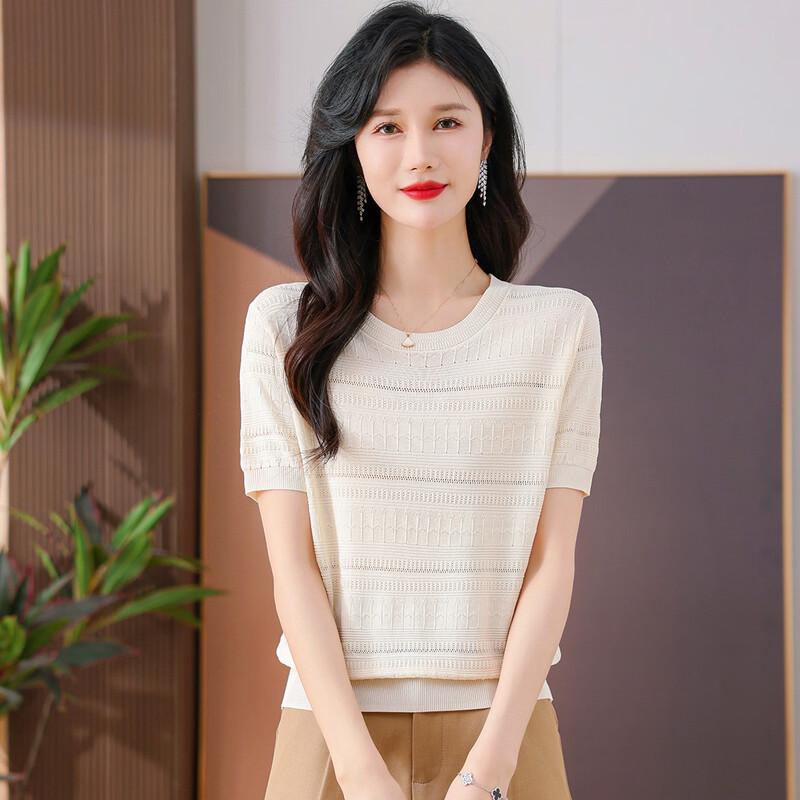 SNOWFLYING Lightweight Hollow-Out Round Neck Women's Knit T-Shirt