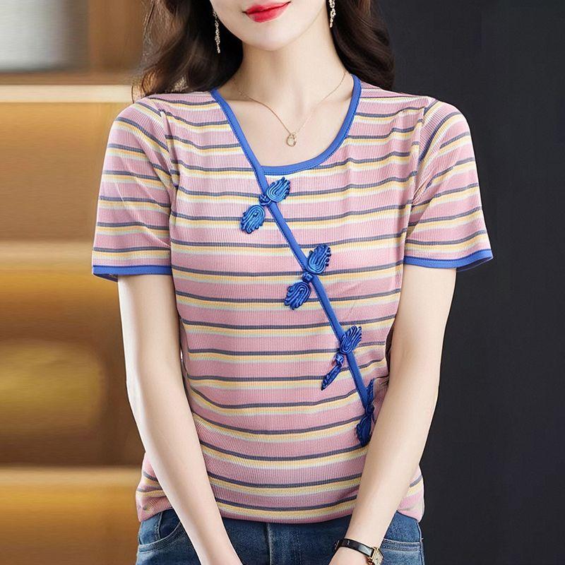 

Женская одежда больших размеров пуловер с боковой застежкой на ретро-пуговицах футболка с коротким рукавом летняя новая модная универсальная в зарубежном стиле топ 5XL розовый