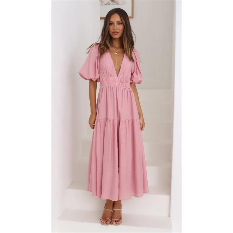 Women's Casual Fashion Trend Summer V-neck Waist Midlength Dress