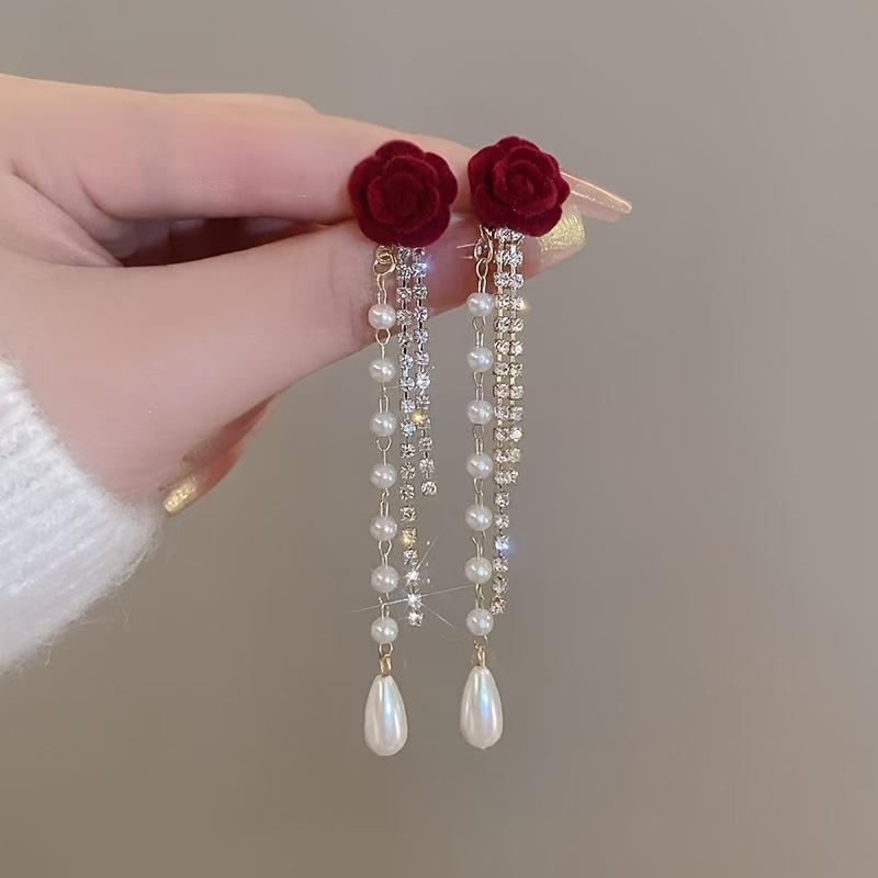 1 Pair Elegant Luxury Floral Stud Earrings with Faux & Rhinestone Tassels, Copper Base & 925 Sterling Silver Posts, Perfect for Women'S Fashion