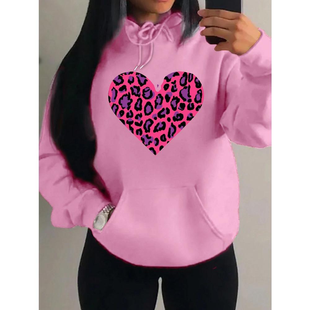 Pink Leopard Print Heart Printing Hoody Women Fashion Oversized Hoodie Pullover Autumn Fleece Clothes